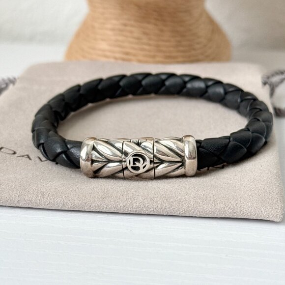 David Yurman Sterling Silver Black Woven Leather Men's One Row Chevron Bracelet - Picture 1 of 4